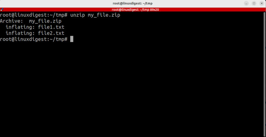 Output from unzip when unzipping zip file.